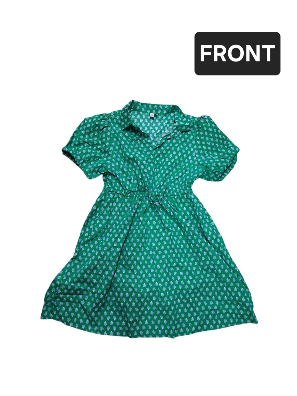 J. Crew Green Short-Sleeve Collared Tie-Waist Dress with Print